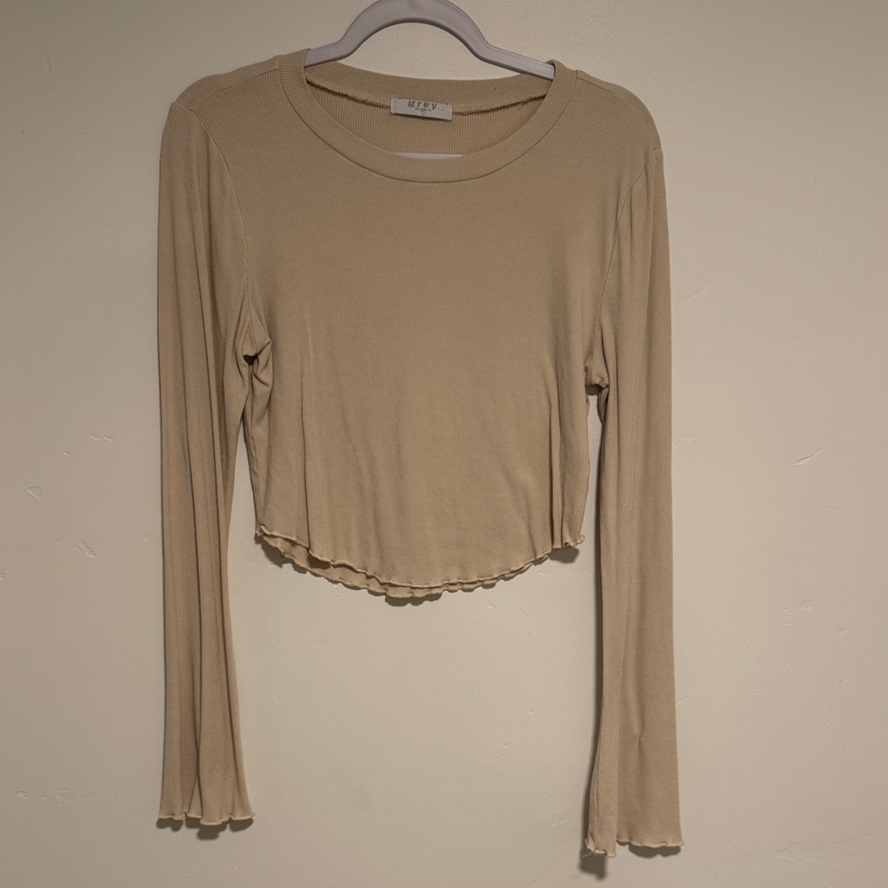 Tan Cropped Long Sleeve Women's Top - L